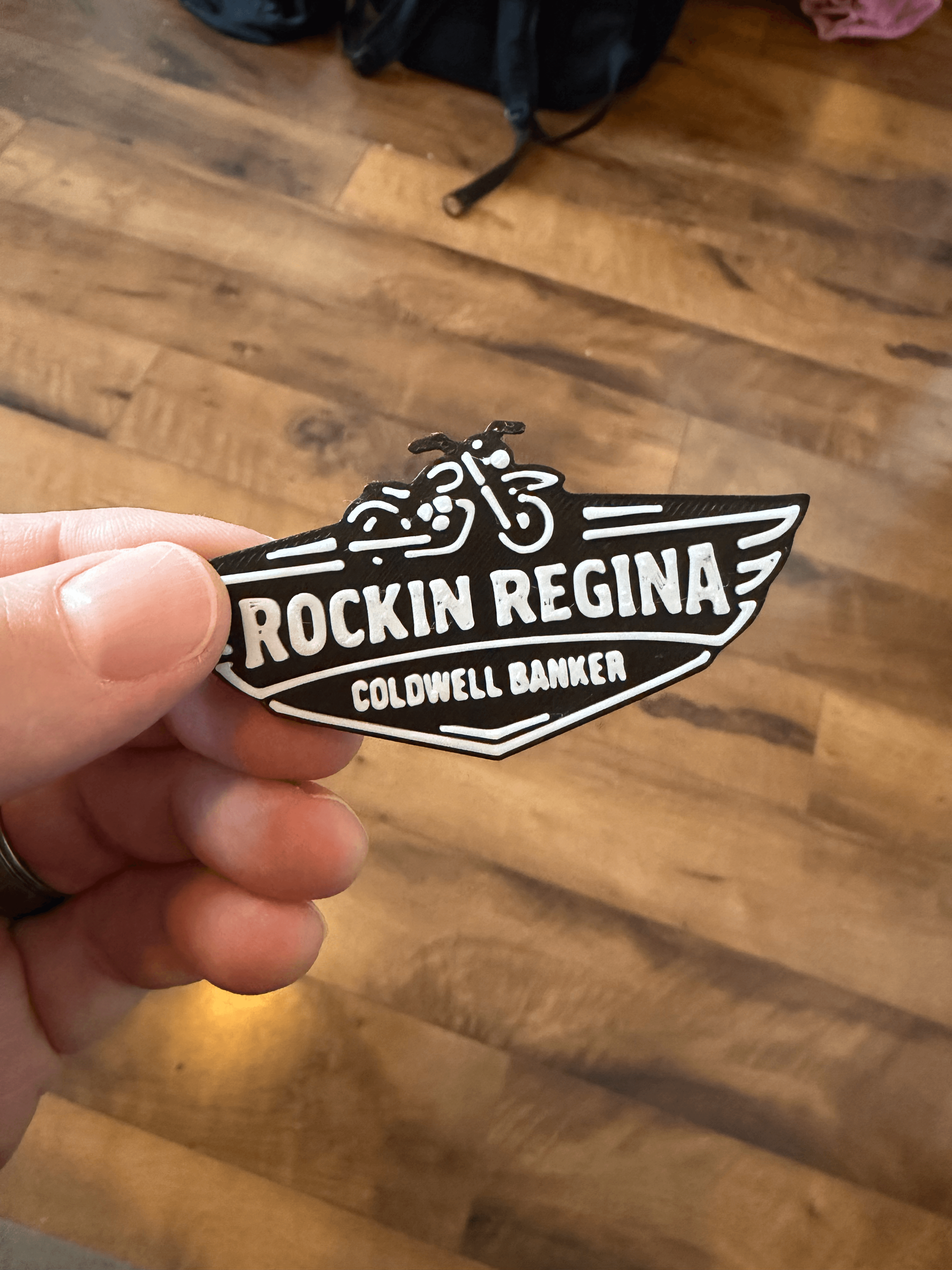 Custom motorcycle logo NFC tag in black and white colorway